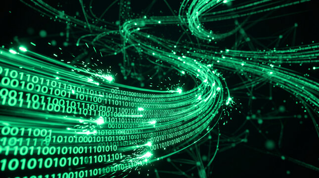 Abstract green digital data streams with binary code, symbolizing fast information transfer, network connectivity and technological innovation