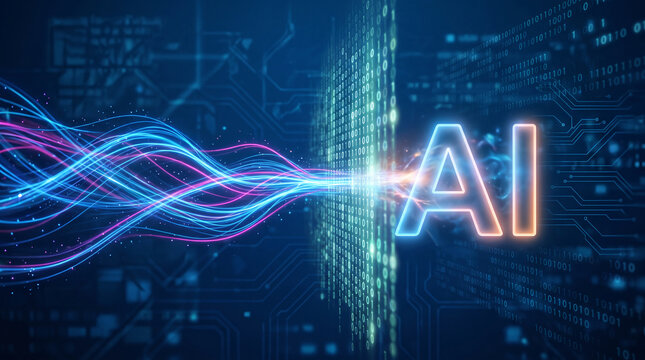 Abstract AI logo with flowing neon light streams and binary code, representing futuristic technology and digital information flow, ideal for tech concepts.