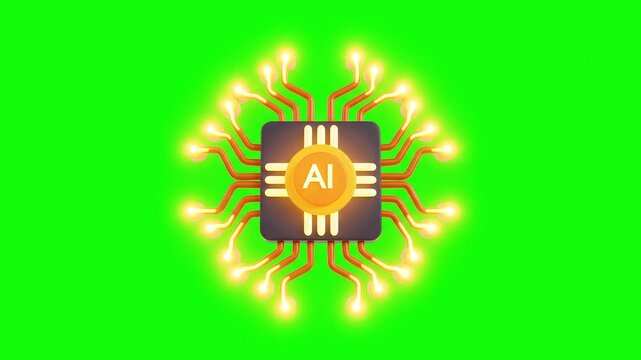 AI processor chip glowing circuit network on green background, futuristic technology concept