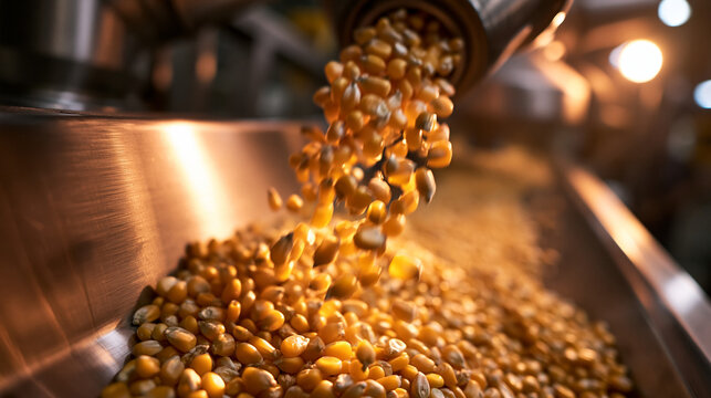Corn Kernels Pouring into Stainless Steel Industrial Machine