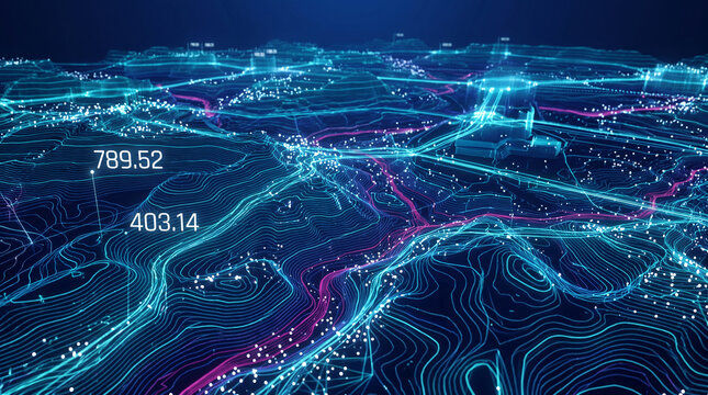 Abstract 3D map with glowing contour lines and data points, representing digital information flow and network connections, symbolizing technology, analysis, and connectivity.
