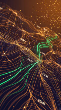 Abstract data visualization with glowing lines and numbers, representing complex information and interconnectedness, ideal for technology and business themes