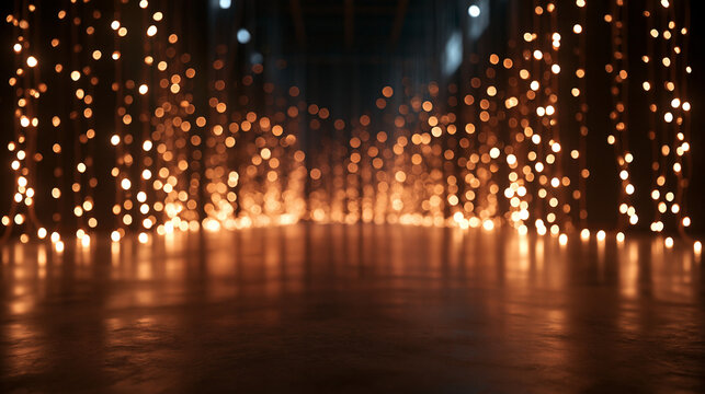 Empty Stage with Warm Bokeh String Lights Background