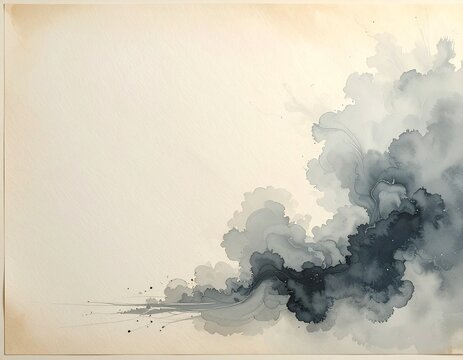 Dark sumi ink cloud spreading across aged cream washi paper, Japanese abstract background with copy space