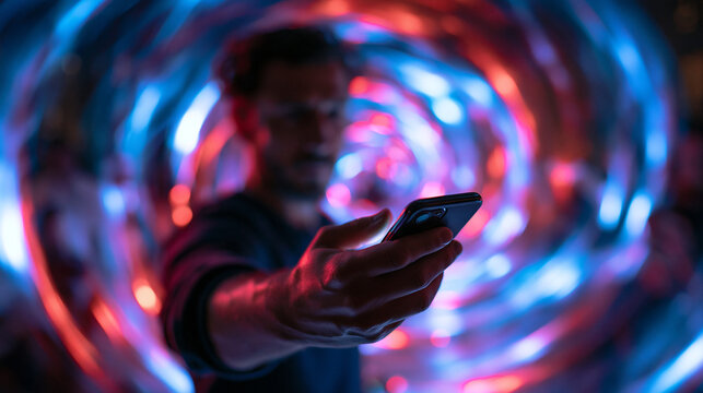 Man Using Smartphone in Futuristic Neon Light Tunnel