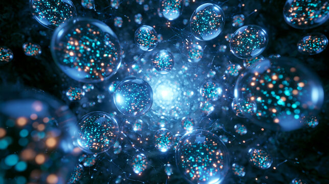 Abstract Futuristic Digital Network with Glowing Spheres and Particles