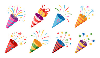 Obraz premium Colorful Party Popper Vector Element Set featuring Exploding Confetti Fireworks Stars and Gift Box Symbols for Birthday Celebration Designs