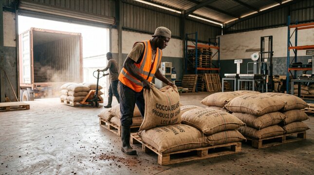 Bagged cocoa beans stacked for shipment in clean facility, focused on raw material export and warehouse handling operation.