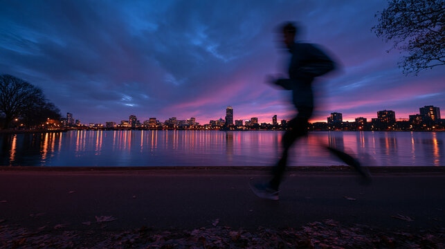Runner Jogging Along Waterfront at Dusk with City Skyline