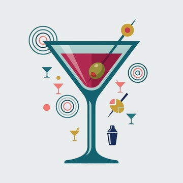 Retro mid-century modern martini cocktail illustration with olive