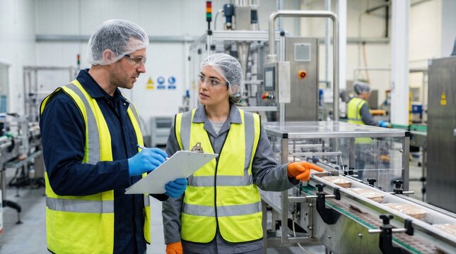 Industrial workplace scene with two employees reviewing process status during shift change, focused on reliability, safety culture and collaborative factory communication.