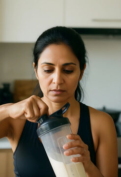 Indian woman in a black sports bra preparing a protein shake in a kitchen for fitness and healthy lifestyle