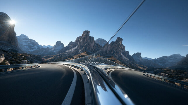 Winding Mountain Pass Road with Reflection and Sunburst