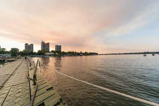 Sunset over Danube River and Pontoon Bridge in Belgrade