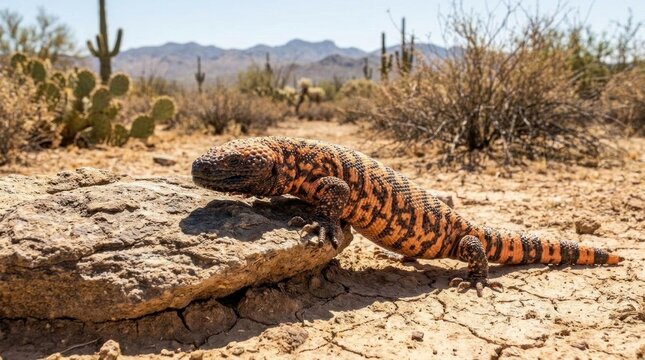 Gila monster lizard on rock in desert habitat.
