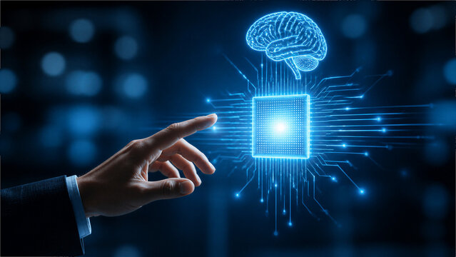 Businessman touching AI processor chip with digital brain hologram, artificial intelligence and machine learning technology concept