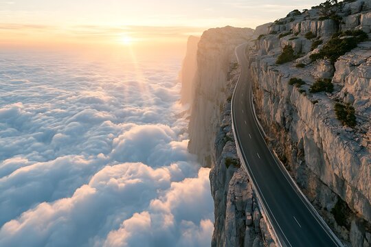 Stunning sunset view of a mountain road carved into a high cliff face overlooking a vast layer of clouds, surreal travel landscape photography