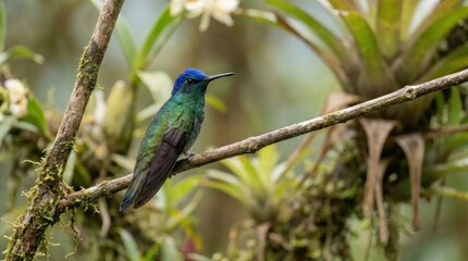 Naklejka premium Green hummingbird perched on mossy branch in tropical forest.