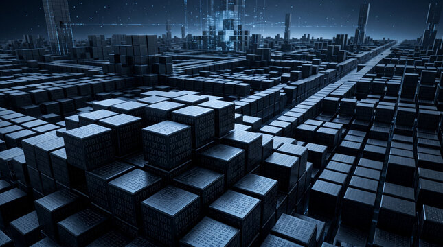 Futuristic city of dark cubes with binary code, symbolizing digital world, data, and technology. Representative of information age and future cities.