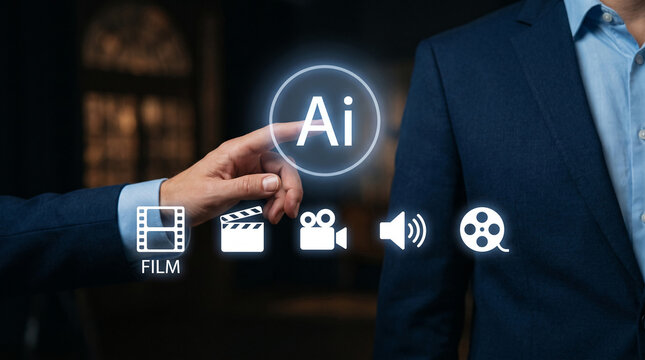 Human hand touching a glowing AI icon with media icons below, symbolizing digital innovation and creative technology integration