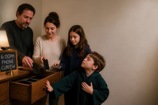 Family observing phone curfew at home, placing smartphones in drawer during evening routine