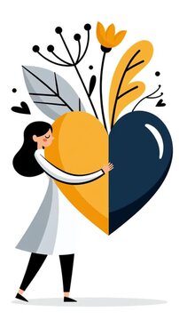 Cartoon female doctor holding a heart, isolated on white background, flat design illustration