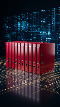Row of red binders on a reflective surface with digital circuit patterns, symbolizing data organization and technology integration