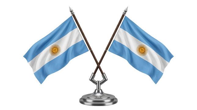 Two crossed argentina national flags on a silver metal desk stand isolated on a simple plain transparent background isolated on transparent background
