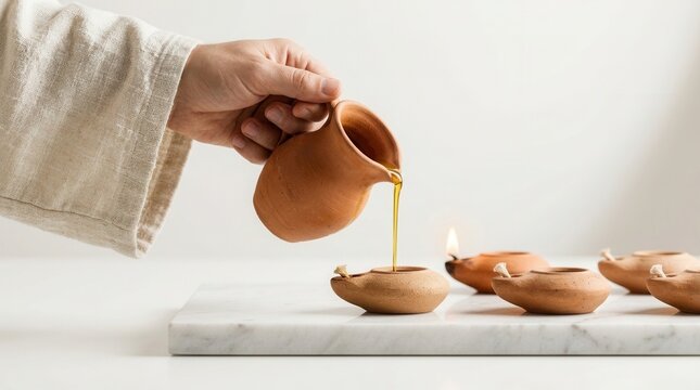 Small clay lamps on a white marble slab with hand pouring olive oil for the biblical parable of the ten virgins