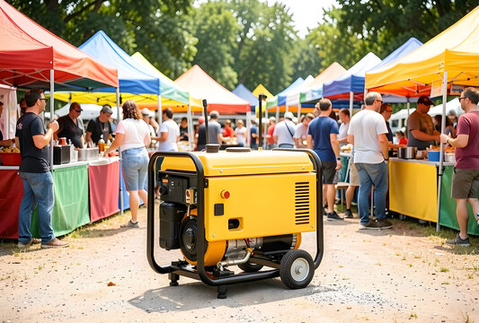 Portable yellow power generator providing electricity to a bustling outdoor market with colorful vendor tents and people