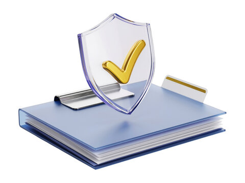 Blue clipboard with a shield and a yellow check mark icon