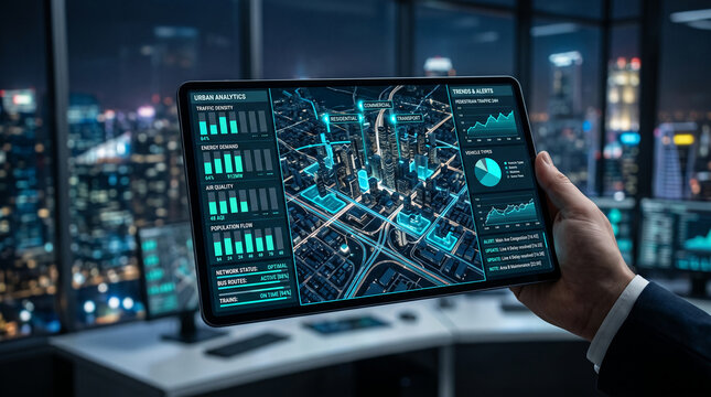Tablet displaying urban analytics with city map, charts, and traffic data, representing smart city technology and data visualization
