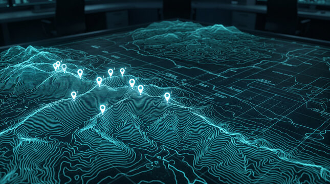 Holographic topographic map with glowing pins, showcasing terrain and location data, representing navigation and exploration technology.