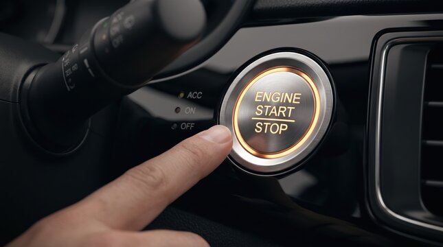 Finger pressing engine start stop button in car interior, of ignition switch with glowing ring, symbolizing vehicle activation, automotive technology, driver control, and modern