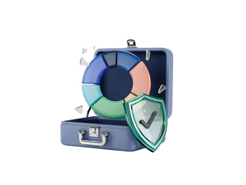 Business briefcase with pie chart and security shield icon