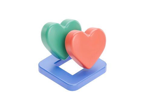 Two colorful 3d hearts on a blue square platform