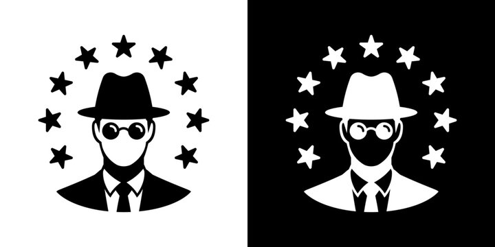 Secret agent or spy avatar in fedora hat and sunglasses surrounded by EU stars circle. Black and white vector icon for European intelligence, security agency, or espionage concept.