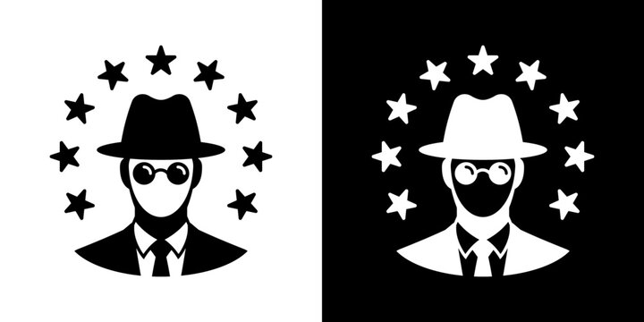 Secret agent or spy avatar in fedora hat and sunglasses surrounded by EU stars circle. Black and white vector icon for European intelligence, security agency, or espionage concept.