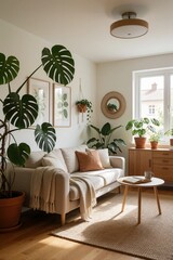Fototapeta premium Cozy Scandinavian Living Room with Sofa, Houseplants, and Warm Natural Light