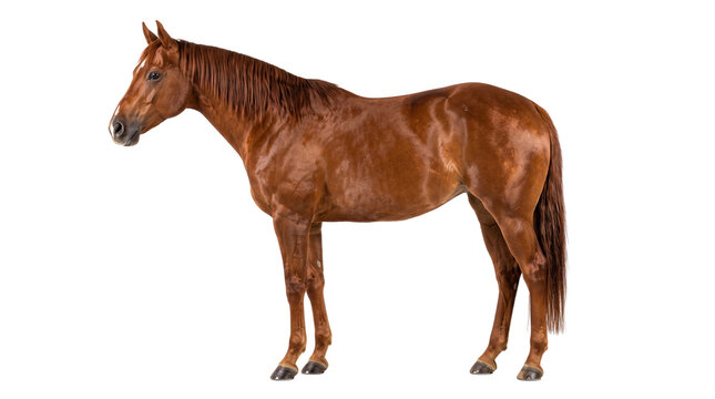 Majestic chestnut horse standing in full profile view capturing muscular physique and smooth coat texture isolated on transparent background