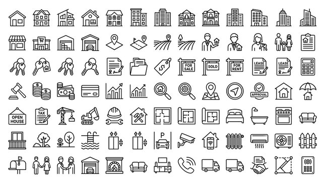 100 property and real estate outline icons with editable thin strokes for home sales rental mortgage investment buildings and housing services