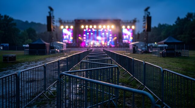 Empty concert venue entrance with metal barricades at twilight outdoor