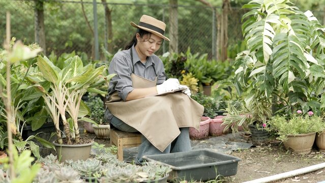 Woman Plant Shop Owner Sitting on Wooden Stool Writing on Clipboard Nursery Management Concept