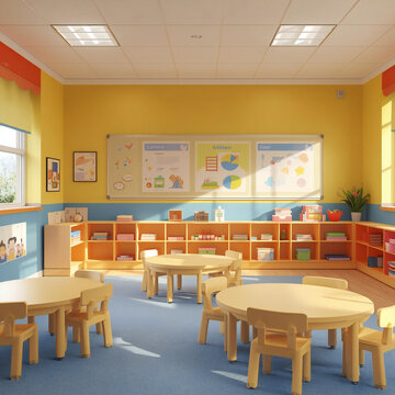 Bright Colorful Preschool Classroom Interior with Educational Learning Space