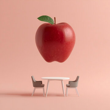 Surreal Giant Red Apple Floating Above a Small Classroom Table and Chairs