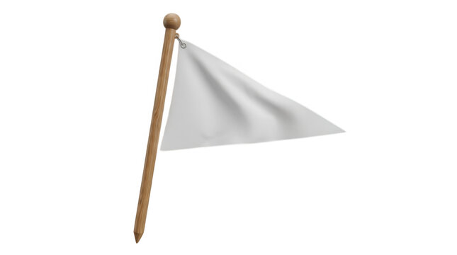 A blank white triangular flag attached to a simple wooden pole for marking locations or signaling peace and surrender isolated on transparent background