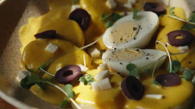 Traditional peruvian cuisine with potatoes, eggs, and yellow chili sauce in a rustic bowl