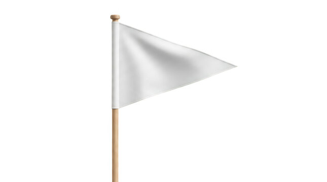 Blank white triangular flag waving on a wooden pole for branding and promotion isolated on a transparent background isolated on transparent background