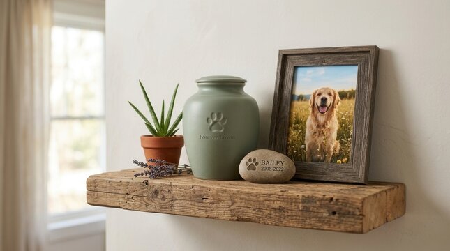 Remembrance concept featuring a pet cremation urn, framed dog photo, and paw print stone on rustic wood.