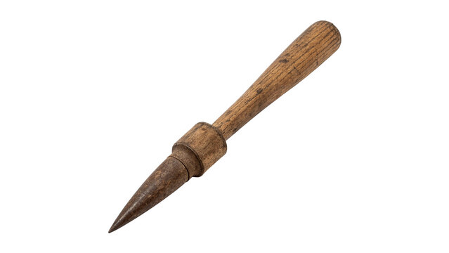 Ancient wooden handle awl or piercing punch tool isolated on a white background